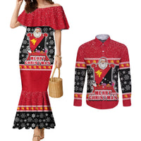 Custom Papua New Guinea Christmas Couples Matching Mermaid Dress and Long Sleeve Button Shirts Santa With Flag Of PNG Polynesian Tribal Xmas Vibe LT03 Red - Polynesian Pride