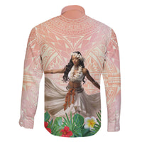 Woman Polynesian Tattoos Family Matching Off The Shoulder Long Sleeve Dress and Hawaiian Shirt Tropical Flower - Peach Fuzz Color
