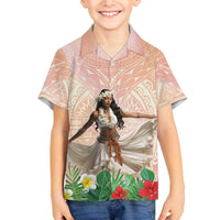 Woman Polynesian Tattoos Family Matching Off The Shoulder Long Sleeve Dress and Hawaiian Shirt Tropical Flower - Peach Fuzz Color