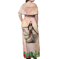 Woman Polynesian Tattoos Off Shoulder Maxi Dress Tropical Flower - Peach Fuzz Color LT03 - Polynesian Pride