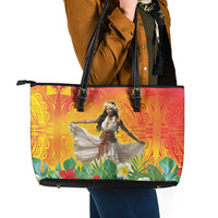 Woman Polynesian Tattoos Leather Tote Bag Tropical Flower - Vibrant Hot Color LT03 - Polynesian Pride