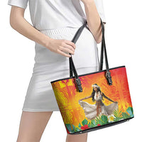 Woman Polynesian Tattoos Leather Tote Bag Tropical Flower - Vibrant Hot Color LT03 - Polynesian Pride