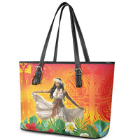 Woman Polynesian Tattoos Leather Tote Bag Tropical Flower - Vibrant Hot Color LT03 - Polynesian Pride