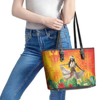 Woman Polynesian Tattoos Leather Tote Bag Tropical Flower - Vibrant Hot Color LT03 - Polynesian Pride