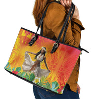Woman Polynesian Tattoos Leather Tote Bag Tropical Flower - Vibrant Hot Color LT03 - Polynesian Pride