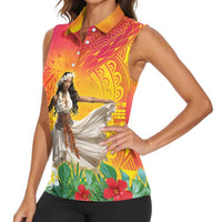 Woman Polynesian Tattoos Women Sleeveless Polo Shirt Tropical Flower - Vibrant Hot Color