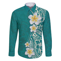 Plumeria Family Matching Tank Maxi Dress and Hawaiian Shirt Polynesian Tribal Frangipani Teal LT03 Dad's Shirt - Long Sleeve Teal - Polynesian Pride