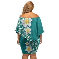 Plumeria Off Shoulder Short Dress Polynesian Tribal Frangipani Teal LT03 - Polynesian Pride