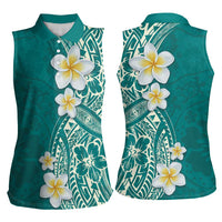 Plumeria Women Sleeveless Polo Shirt Polynesian Tribal Frangipani Teal