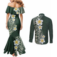 Plumeria Couples Matching Mermaid Dress and Long Sleeve Button Shirt Polynesian Tribal Frangipani Green LT03 - Polynesian Pride