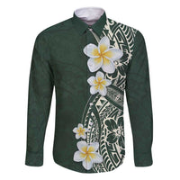 Plumeria Family Matching Off Shoulder Short Dress and Hawaiian Shirt Polynesian Tribal Frangipani Green LT03 Dad's Shirt - Long Sleeve Green - Polynesian Pride