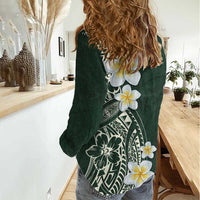 Plumeria Women Casual Shirt Polynesian Tribal Frangipani Green