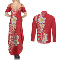 Plumeria Couples Matching Summer Maxi Dress and Long Sleeve Button Shirt Polynesian Tribal Frangipani Red LT03 - Polynesian Pride