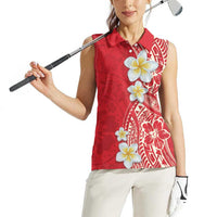 Plumeria Women Sleeveless Polo Shirt Polynesian Tribal Frangipani Red