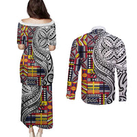 Niue Hiapo and Maori Decoration Tattoos Couples Matching Puletasi and Long Sleeve Button Shirt - Polynesian Pride