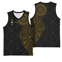 Niue Polynesian Hiapo Tattoo Art Basketball Jersey Half Style Black Gold Color - Polynesian Pride