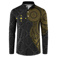 Niue Polynesian Hiapo Tattoo Art Button Sweatshirt Half Style Black Gold Color - Polynesian Pride