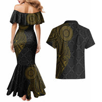 Niue Polynesian Hiapo Tattoo Art Couples Matching Mermaid Dress and Hawaiian Shirt Half Style Black Gold Color - Polynesian Pride