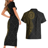 Niue Polynesian Hiapo Tattoo Art Couples Matching Short Sleeve Bodycon Dress and Hawaiian Shirt Half Style Black Gold Color - Polynesian Pride