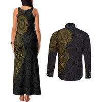 Niue Polynesian Hiapo Tattoo Art Couples Matching Tank Maxi Dress and Long Sleeve Button Shirt Half Style Black Gold Color - Polynesian Pride
