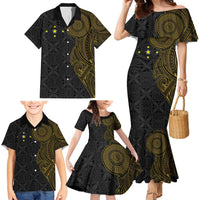 Niue Polynesian Hiapo Tattoo Art Family Matching Mermaid Dress and Hawaiian Shirt Half Style Black Gold Color - Polynesian Pride