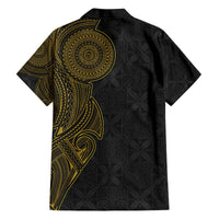 Niue Polynesian Hiapo Tattoo Art Family Matching Off The Shoulder Long Sleeve Dress and Hawaiian Shirt Half Style Black Gold Color - Polynesian Pride