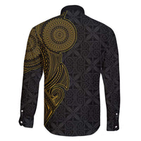 Niue Polynesian Hiapo Tattoo Art Family Matching Off The Shoulder Long Sleeve Dress and Hawaiian Shirt Half Style Black Gold Color - Polynesian Pride
