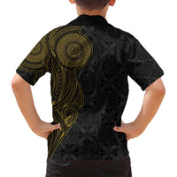 Niue Polynesian Hiapo Tattoo Art Family Matching Off Shoulder Maxi Dress and Hawaiian Shirt Half Style Black Gold Color - Polynesian Pride