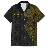 Niue Polynesian Hiapo Tattoo Art Family Matching Off Shoulder Short Dress and Hawaiian Shirt Half Style Black Gold Color - Polynesian Pride