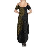 Niue Polynesian Hiapo Tattoo Art Family Matching Summer Maxi Dress and Hawaiian Shirt Half Style Black Gold Color - Polynesian Pride