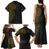 Niue Polynesian Hiapo Tattoo Art Family Matching Tank Maxi Dress and Hawaiian Shirt Half Style Black Gold Color - Polynesian Pride