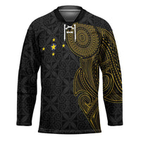 Niue Polynesian Hiapo Tattoo Art Hockey Jersey Half Style Black Gold Color - Polynesian Pride