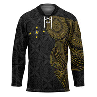 Niue Polynesian Hiapo Tattoo Art Hockey Jersey Half Style Black Gold Color LT03 Unisex Black - Polynesian Pride
