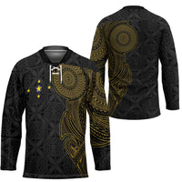 Niue Polynesian Hiapo Tattoo Art Hockey Jersey Half Style Black Gold Color LT03 - Polynesian Pride