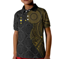 Niue Polynesian Hiapo Tattoo Art Kid Polo Shirt Half Style Black Gold Color - Polynesian Pride