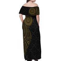 Niue Polynesian Hiapo Tattoo Art Off Shoulder Maxi Dress Half Style Black Gold Color - Polynesian Pride
