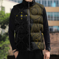 Niue Polynesian Hiapo Tattoo Art Sleeveless Puffer Jacket Half Style Black Gold Color - Polynesian Pride