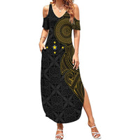 Niue Polynesian Hiapo Tattoo Art Summer Maxi Dress Half Style Black Gold Color - Polynesian Pride