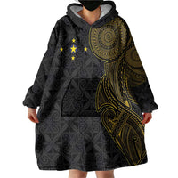 Niue Polynesian Hiapo Tattoo Art Wearable Blanket Hoodie Half Style Black Gold Color - Polynesian Pride