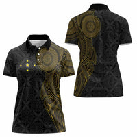 Niue Polynesian Hiapo Tattoo Art Women Polo Shirt Half Style Black Gold Color - Polynesian Pride