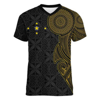 Niue Polynesian Hiapo Tattoo Art Women V-Neck T-Shirt Half Style Black Gold Color - Polynesian Pride