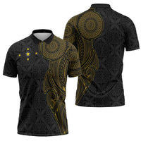 Niue Polynesian Hiapo Tattoo Art Zipper Polo Shirt Half Style Black Gold Color - Polynesian Pride
