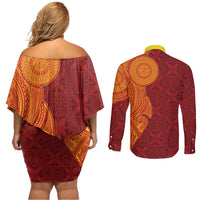Niue Polynesian Hiapo Tattoo Art Couples Matching Off Shoulder Short Dress and Long Sleeve Button Shirt Half Style Red Yellow Color - Polynesian Pride