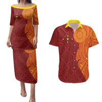 Niue Polynesian Hiapo Tattoo Art Couples Matching Puletasi and Hawaiian Shirt Half Style Red Yellow Color - Polynesian Pride