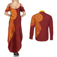 Niue Polynesian Hiapo Tattoo Art Couples Matching Summer Maxi Dress and Long Sleeve Button Shirt Half Style Red Yellow Color - Polynesian Pride
