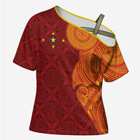 Niue Polynesian Hiapo Tattoo Art Cross Shoulder Shirt Half Style Red Yellow Color - Polynesian Pride