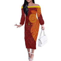 Niue Polynesian Hiapo Tattoo Art Family Matching Off The Shoulder Long Sleeve Dress and Hawaiian Shirt Half Style Red Yellow Color - Polynesian Pride