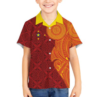 Niue Polynesian Hiapo Tattoo Art Family Matching Off The Shoulder Long Sleeve Dress and Hawaiian Shirt Half Style Red Yellow Color - Polynesian Pride