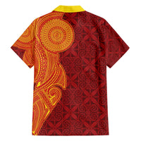 Niue Polynesian Hiapo Tattoo Art Family Matching Short Sleeve Bodycon Dress and Hawaiian Shirt Half Style Red Yellow Color - Polynesian Pride