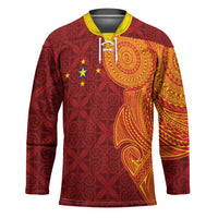 Niue Polynesian Hiapo Tattoo Art Hockey Jersey Half Style Red Yellow Color LT03 Unisex Red - Polynesian Pride